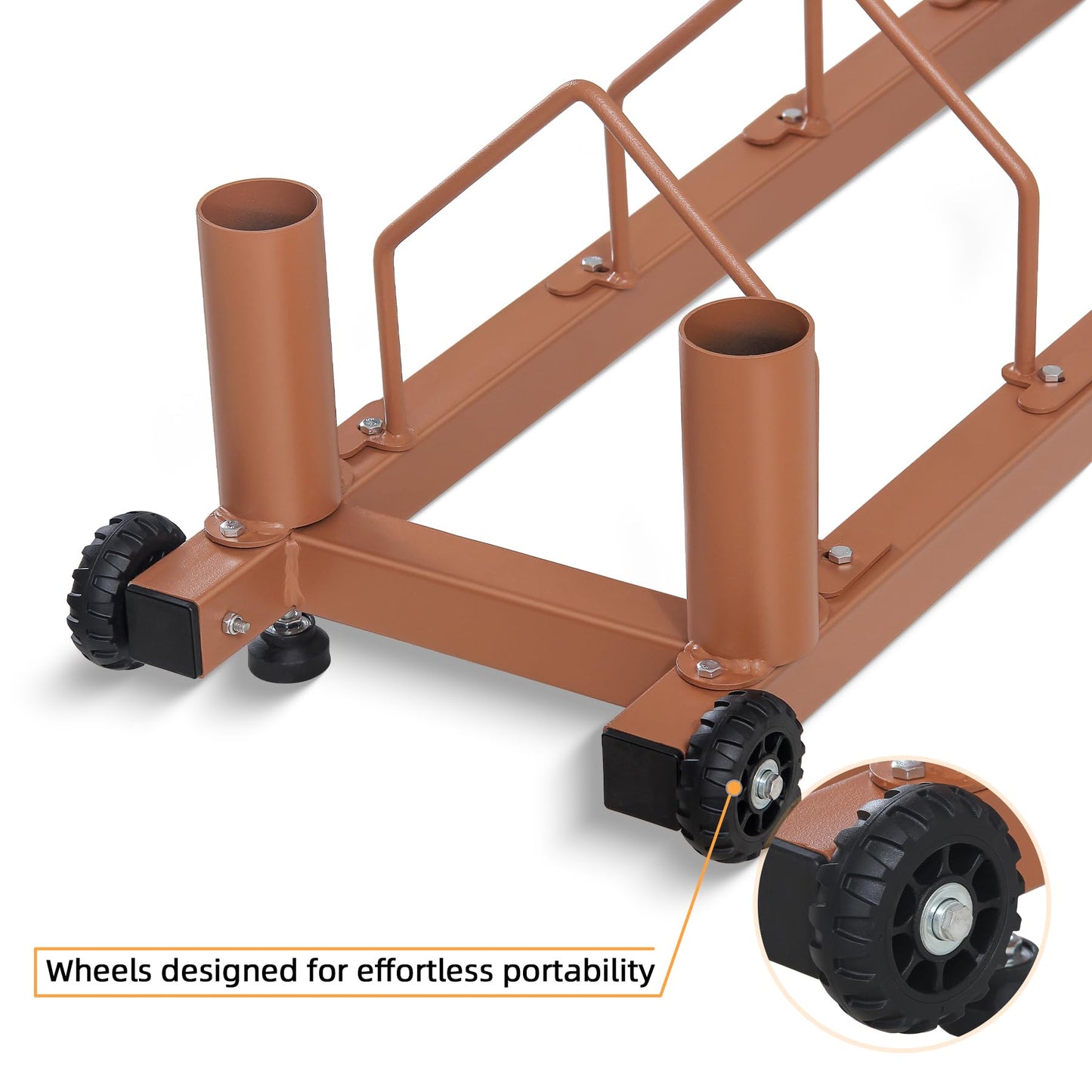 Olympic Barbell Plate Organizer with Steel Frame for home or gym,Horizontal Plate with Handle and Wheels, 300LBS Capacity, Brown