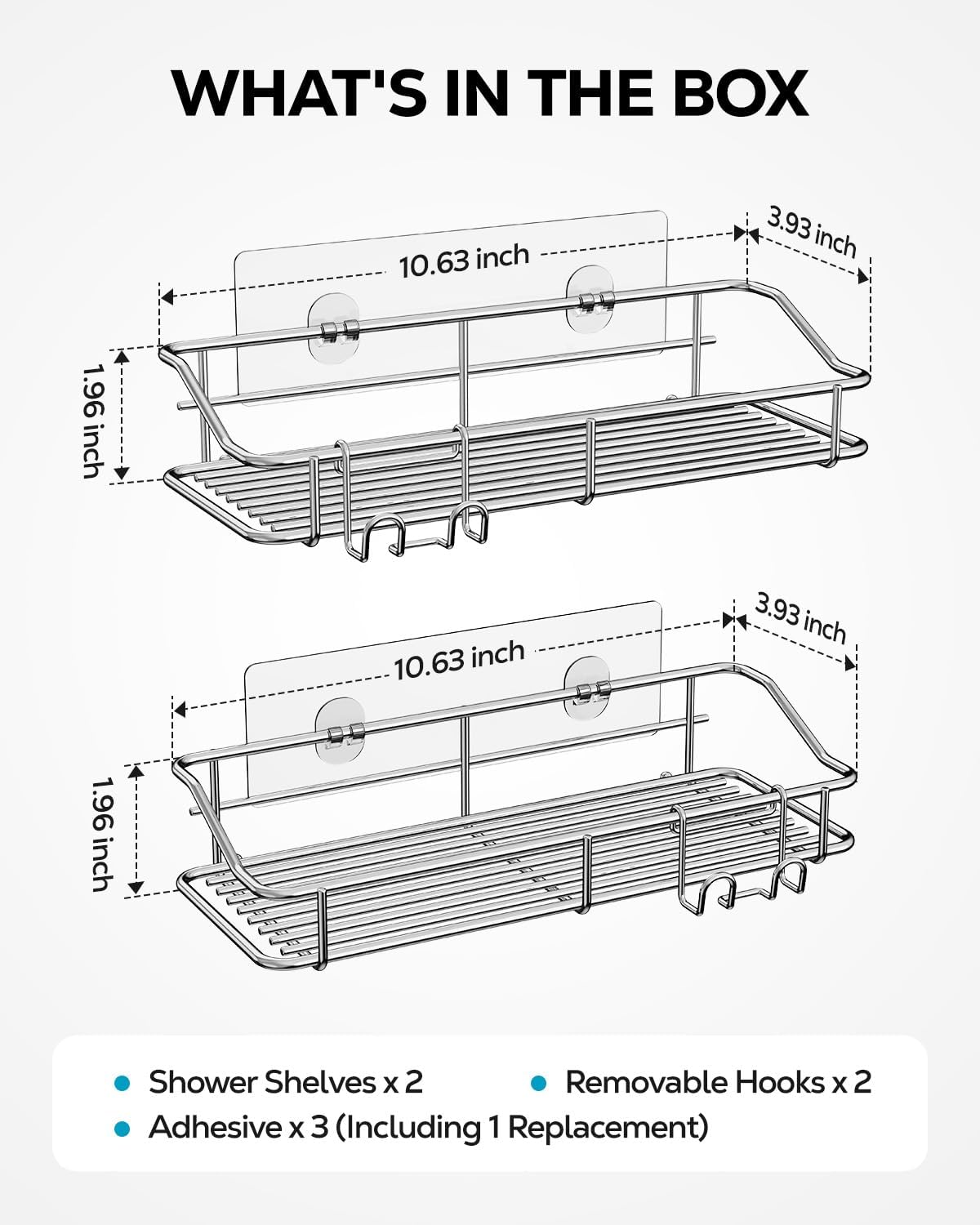 Nieifi Shower Caddy Shelf - Adhesive Stainless Steel Storage Rack with Hooks | 2 Pack for Bathroom & Kitchen