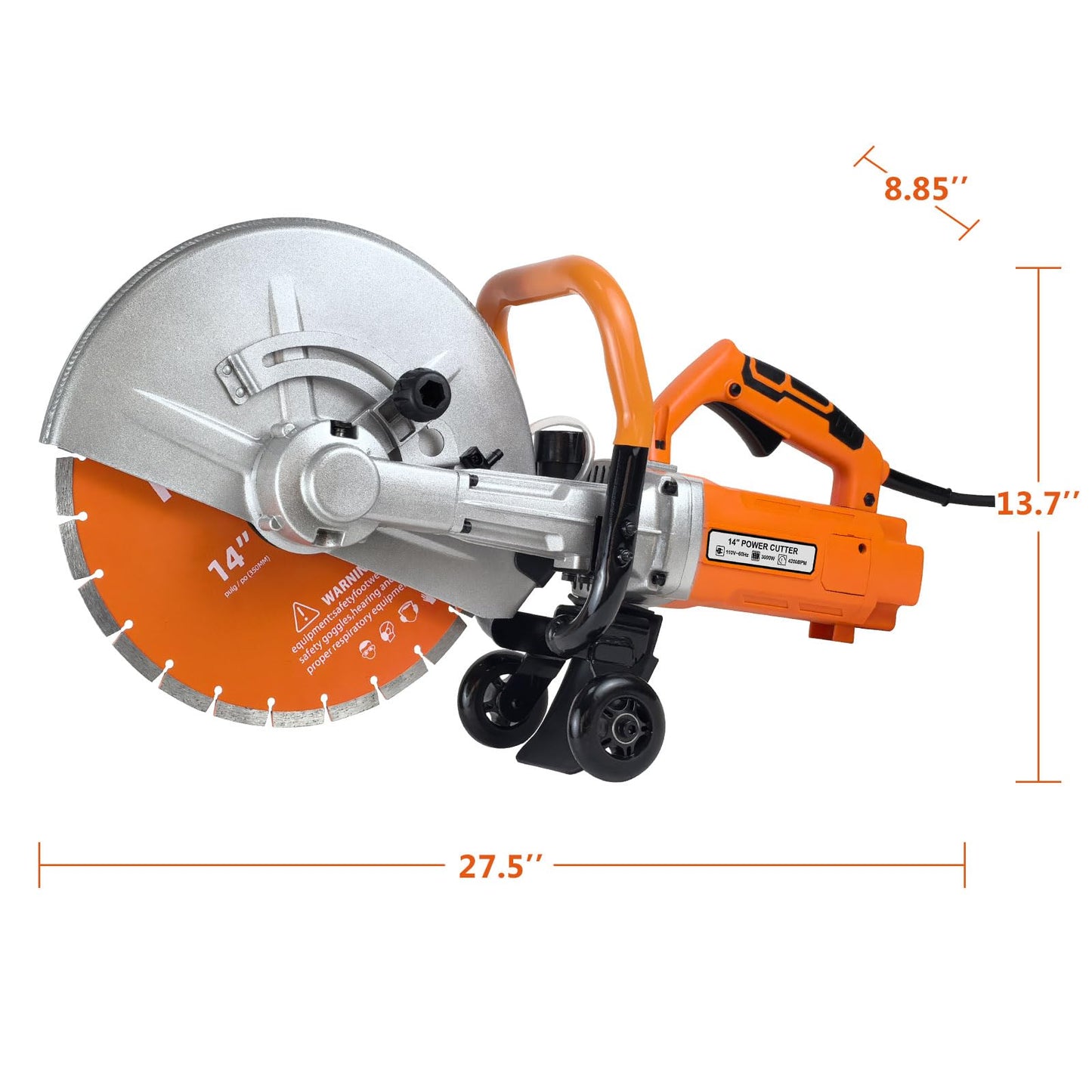 HIGOSPRO 14-Inch Electric Concrete Saw 3000W, 110V Cut-Off Saw with Diamond Blade, 4.8" Max Cutting Depth, Heavy-Duty Cement Grinder for Asphalt, Brick, Stone