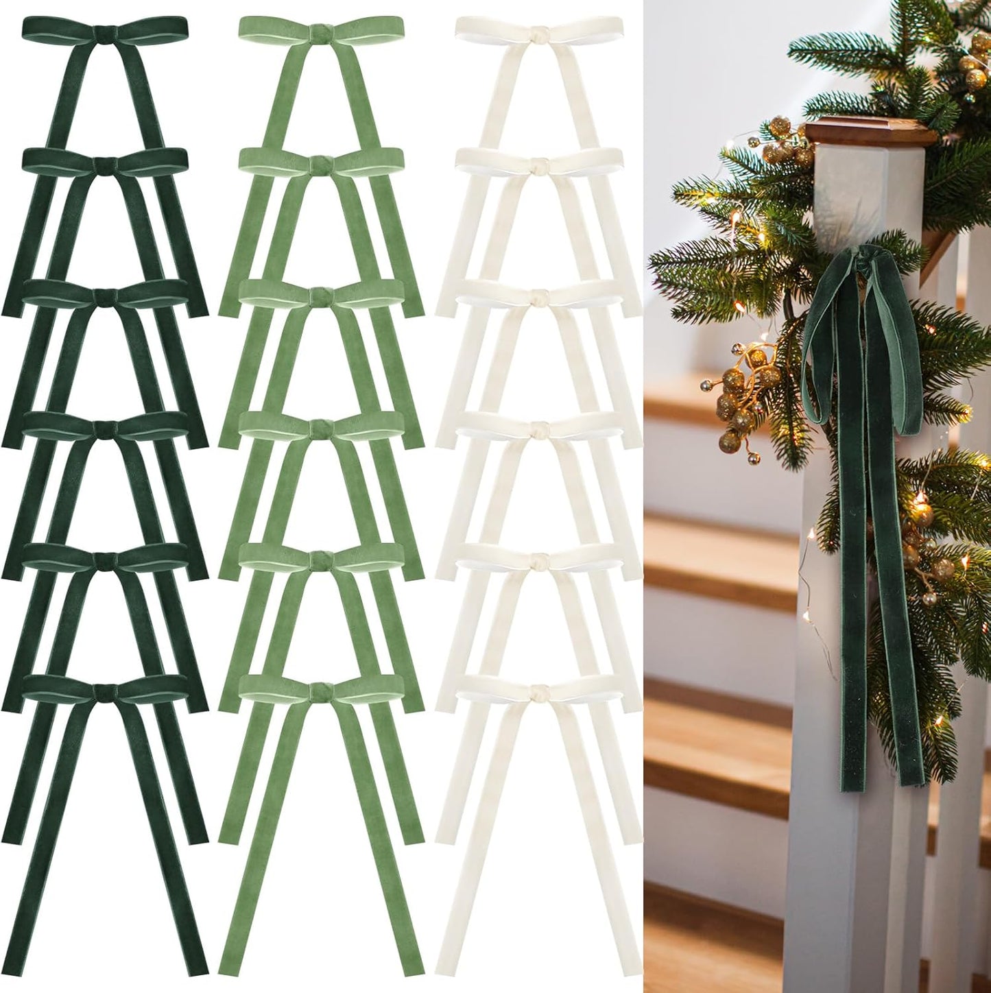 Skiennix 24 Pcs Velvet Bows - Vintage Ribbon Bows for Christmas Tree & Crafts | Dark Green, Beige, Sage Green (9 x 13 Inch)
