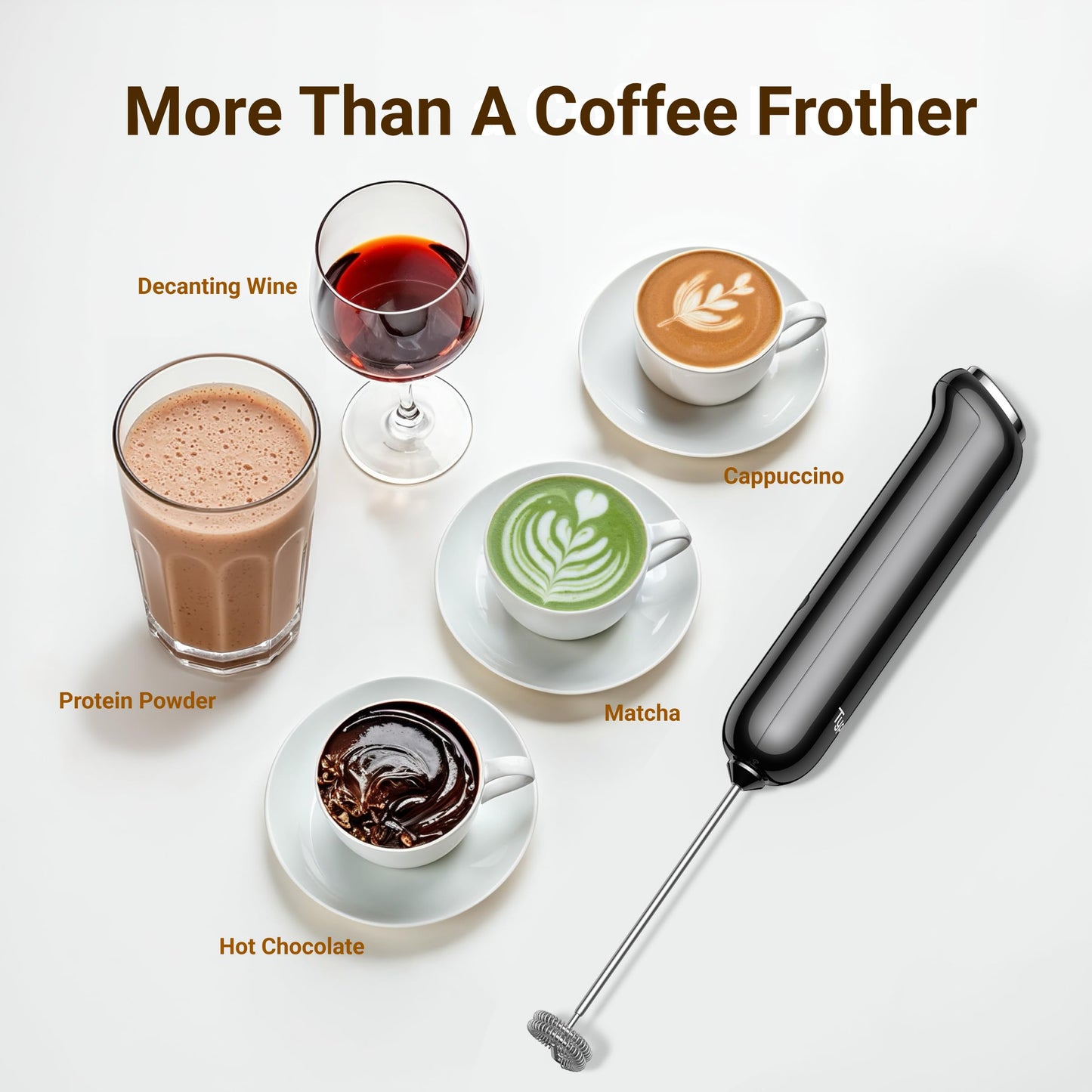 InstaWhisk Milk Frother with Variable Speed, Rechargeable Coffee Frother Wand with Detachable Double Whisk, Drink Mixer Handheld Electric Stirrer for Latte, Cappuccino, Matcha, Almond Milk (Orange)
