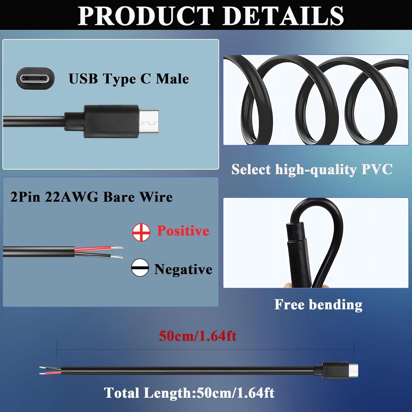 2 Cable,5V 3A 22AWG 2 Repair-0.5M/1.64FT (2PCS) USB Type-C Pin Bare Wire USB C Male Plug to Pin Open End Pigtail