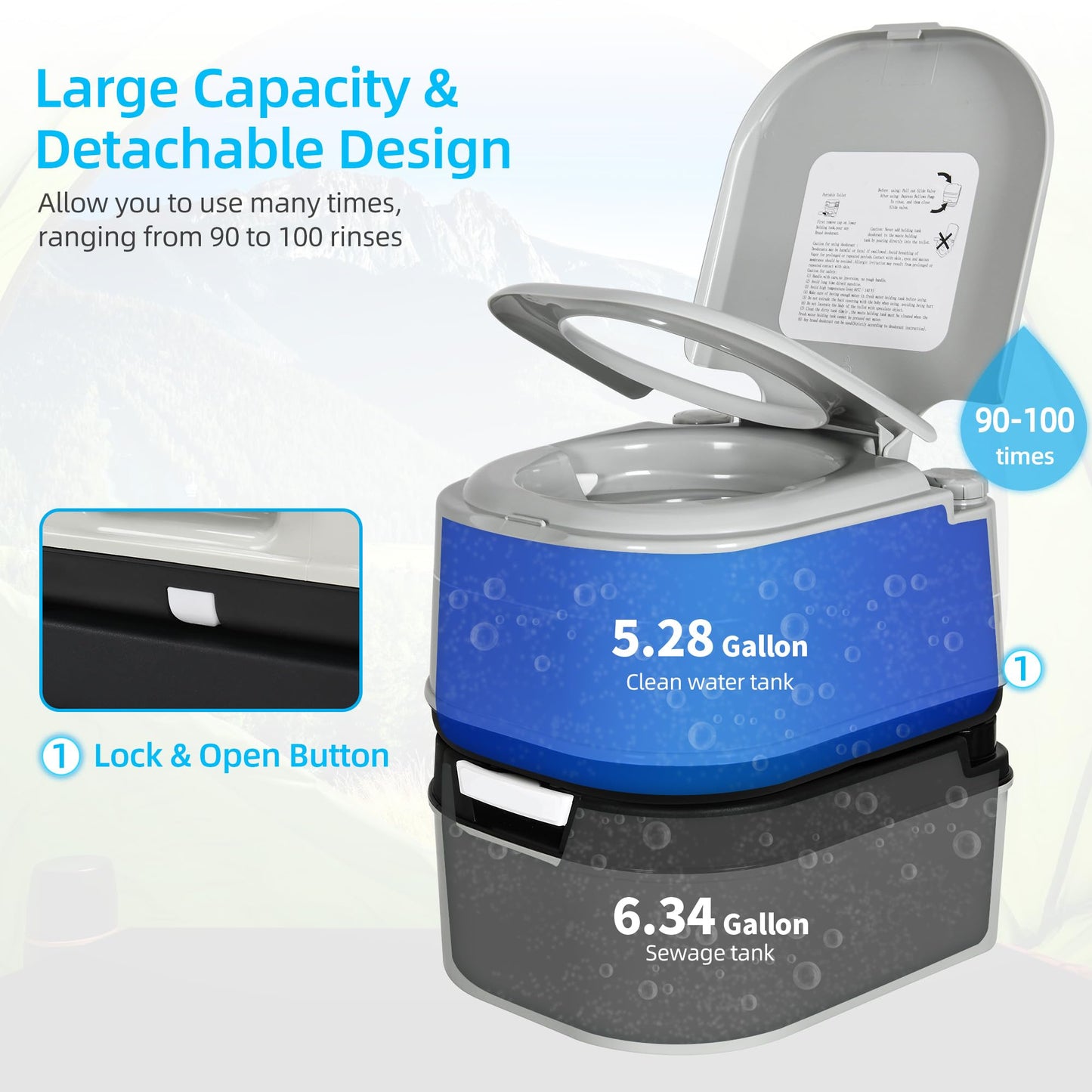 YITAHOME Portable Toilet 6.34 Gallon Camping Porta Potty with Paper and Detergent Collection Leak-Proof Outdoor RV Porta Potty, Handle Pump, Rotating Spout, for Boating, Hiking, Trips, Grey