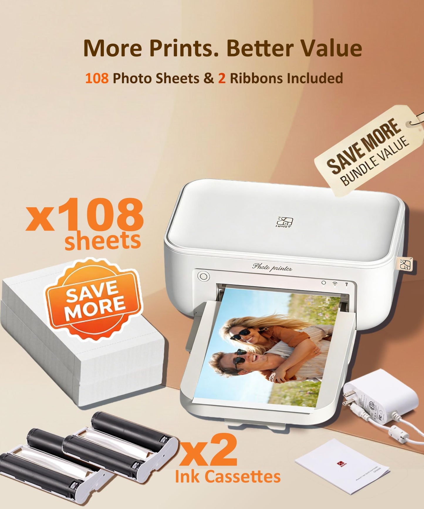 HPRT CP4100 4x6 Photo Printer with 108 Sheets & 2 Ribbons, Full-Color Thermal Dye Sublimation Wi-Fi Printing, Portable Instant Picture Printer for iPhone/Android, AR Video, Fun App, Home Use, White