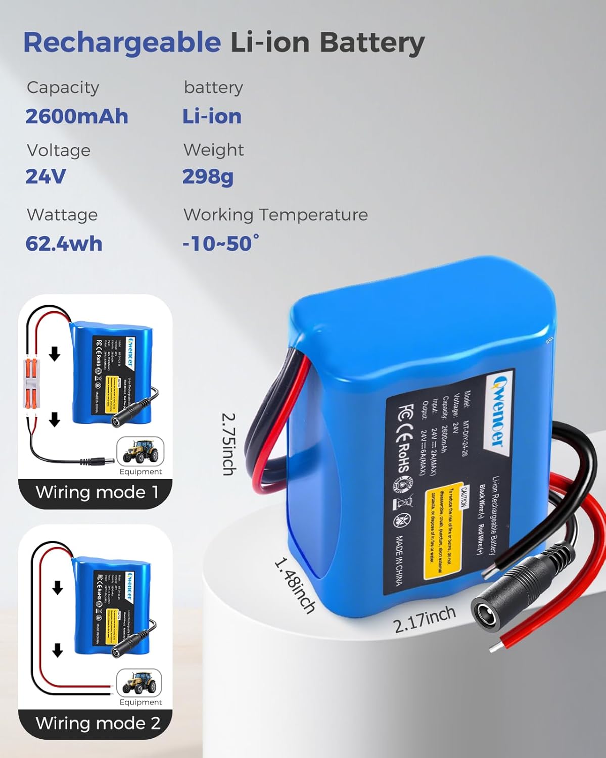 Qwenoer 24V 2.6Ah 24V Lithium Battery, Rechargeable Li-ion Battery with Charger, Bare Leads Wire, Cable Connector