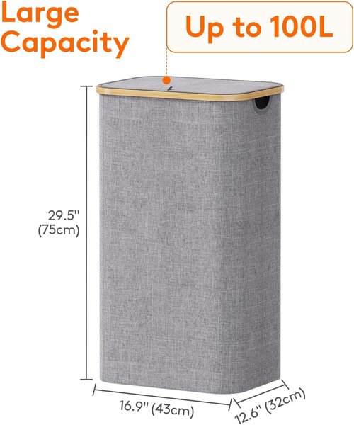 Lifewit 100L Laundry Basket - Foldable Hamper with Lid & Bamboo Handles | Light Gray, Removable Bag