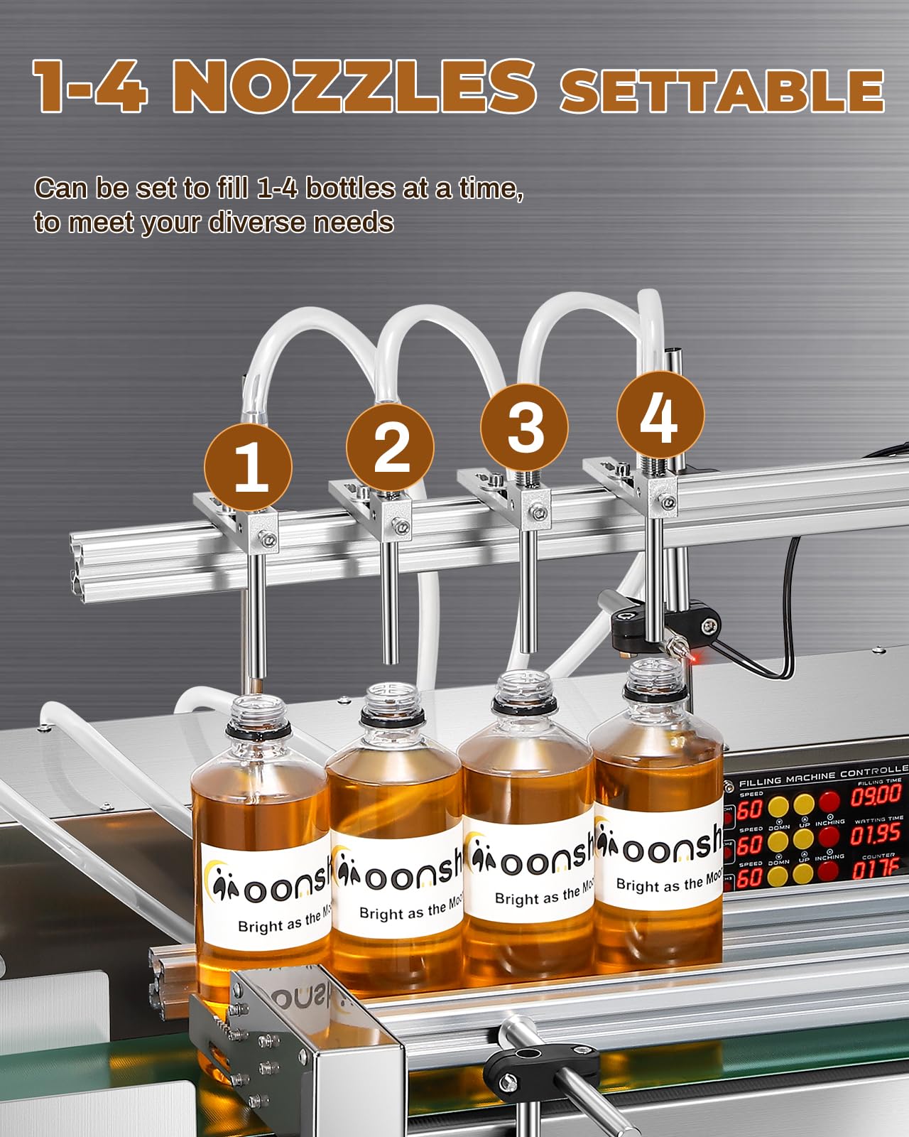 Moonshan 4-Nozzle Automatic Liquid Filling Machine Line 1-30 Ounce Bottle Filling Machine Bottle Filler with 35 Inch Belt Conveyor Desktop Version for Juice Wine Detergent