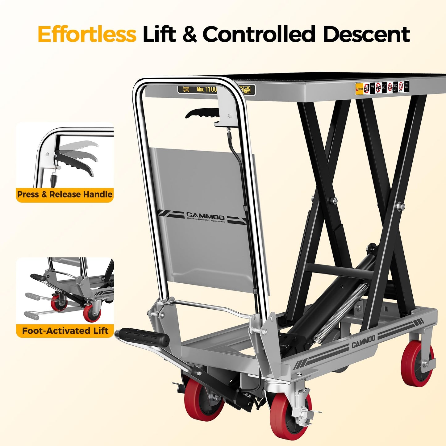 Hydraulic Lift Table Cart, 1100lbs Capacity, 34.7" Lifting Height, Single Scissor Lift with Non-Slip Pad & Safety Guard Foldable Handle for Material Handling and Transportation, Gray