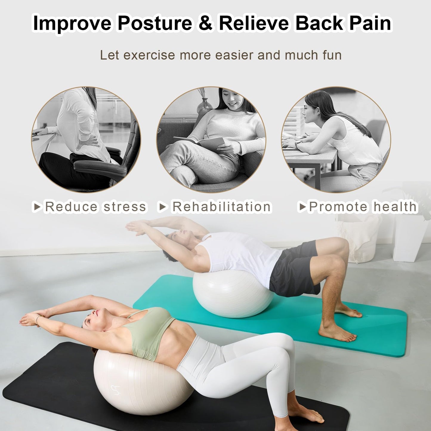 YR Exercise Ball 21.6'' Yoga Ball for Workout Pregnancy Stability, Anti Burst Fitness Ball for Home Gym & Office Chair, Core & Balance Training, Physical Therapy - White