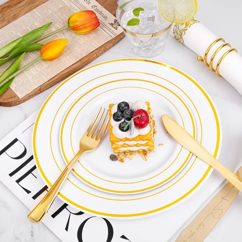 I00000 350Pcs Gold Dinnerware Set for 50 Guests, Gold Plastic Plates for Party, Include: 100 Disposable Plastic Plates, 50 Paper Napkins, 50 Cups, 50 Silverware Set Perfect for Party & Wedding