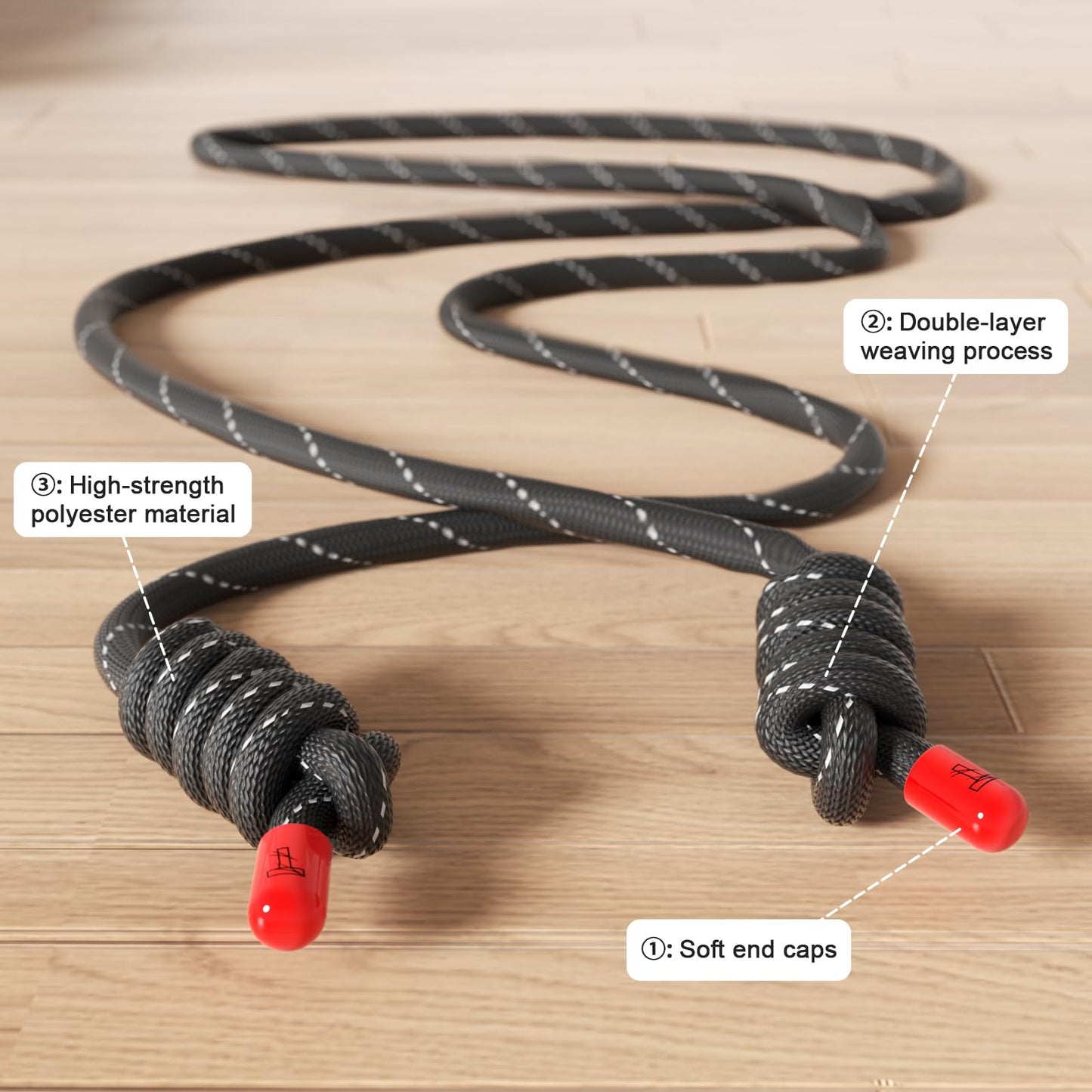 Flow Rope Exercise Jump Rope For Fitness, Working Out, Flow with 9 Ft 2Lbs Adjustable Double Woven Workout Rope For Men, Women, Beginners' Training – Indoor & Outdoor Cardio (Black(Reflective tape))