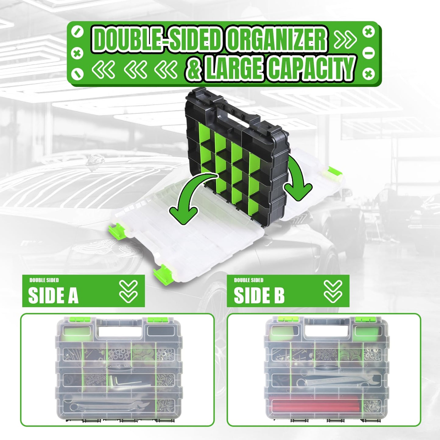 Jack Boss Tool Box with Transparent Lid, Double Side 34-Compartments Organizer Box with Removable Dividers for Hardware, Screws, Bolts, Nails, Beads, Jewelry and Fishing Accessories, Green, 2 Pack