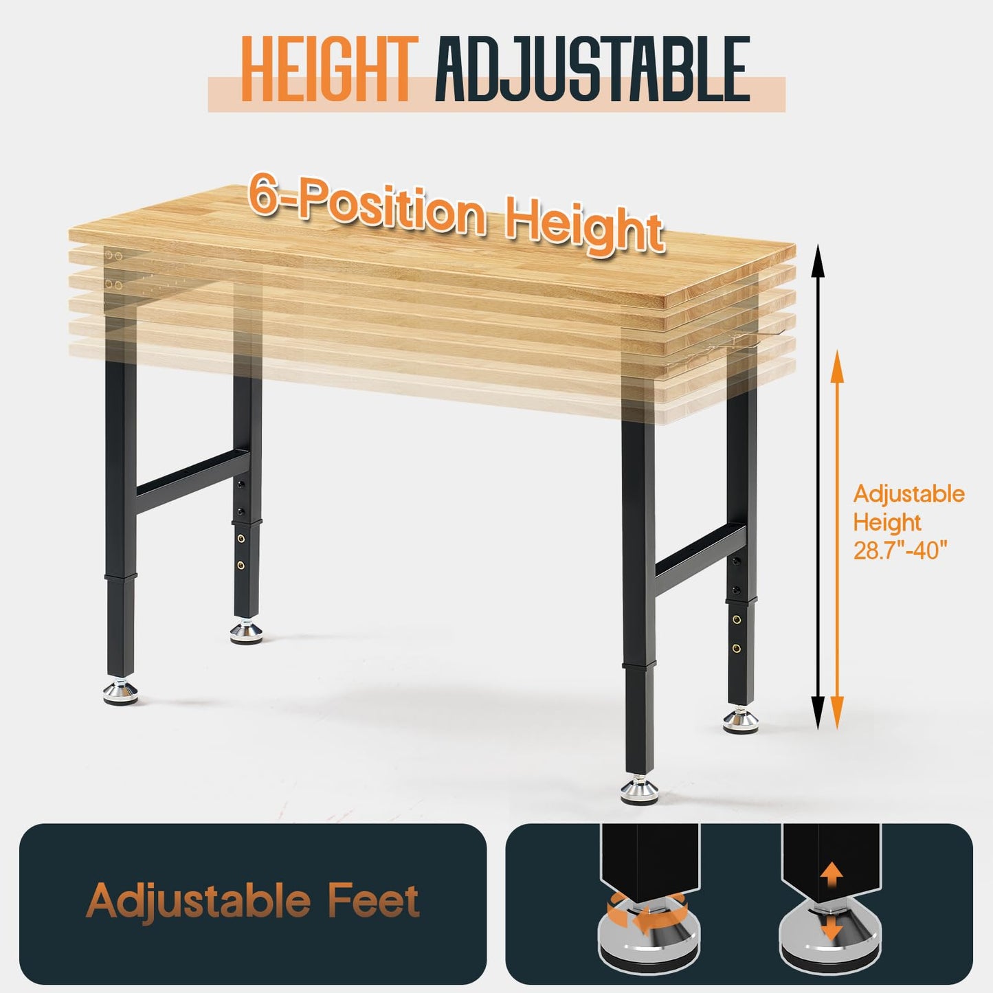 SPECRAFT Adjustable Heavy Duty Workbench with 4 AC Outlet and 2 USB Ports Power Outlets, 2000 Lbs Capacity, Rubber Wood Top for Garage, Workshop, Office