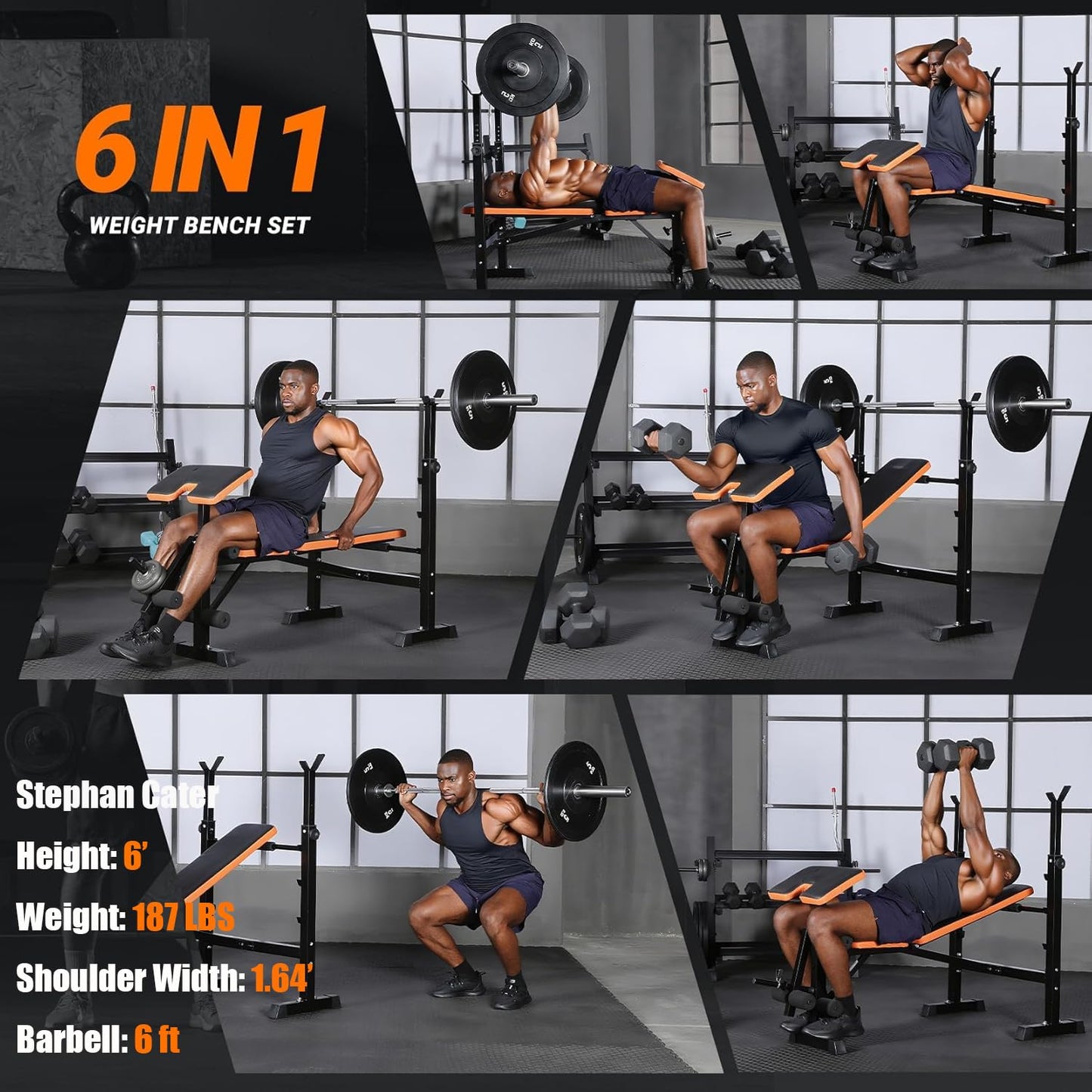YOLEO 6 in 1 Weight Bench Set for Home Gym, Adjustable & Foldable Weight Bench, Workout Bench with Squat Rack for Bench Press Sit up Incline Flat Decline