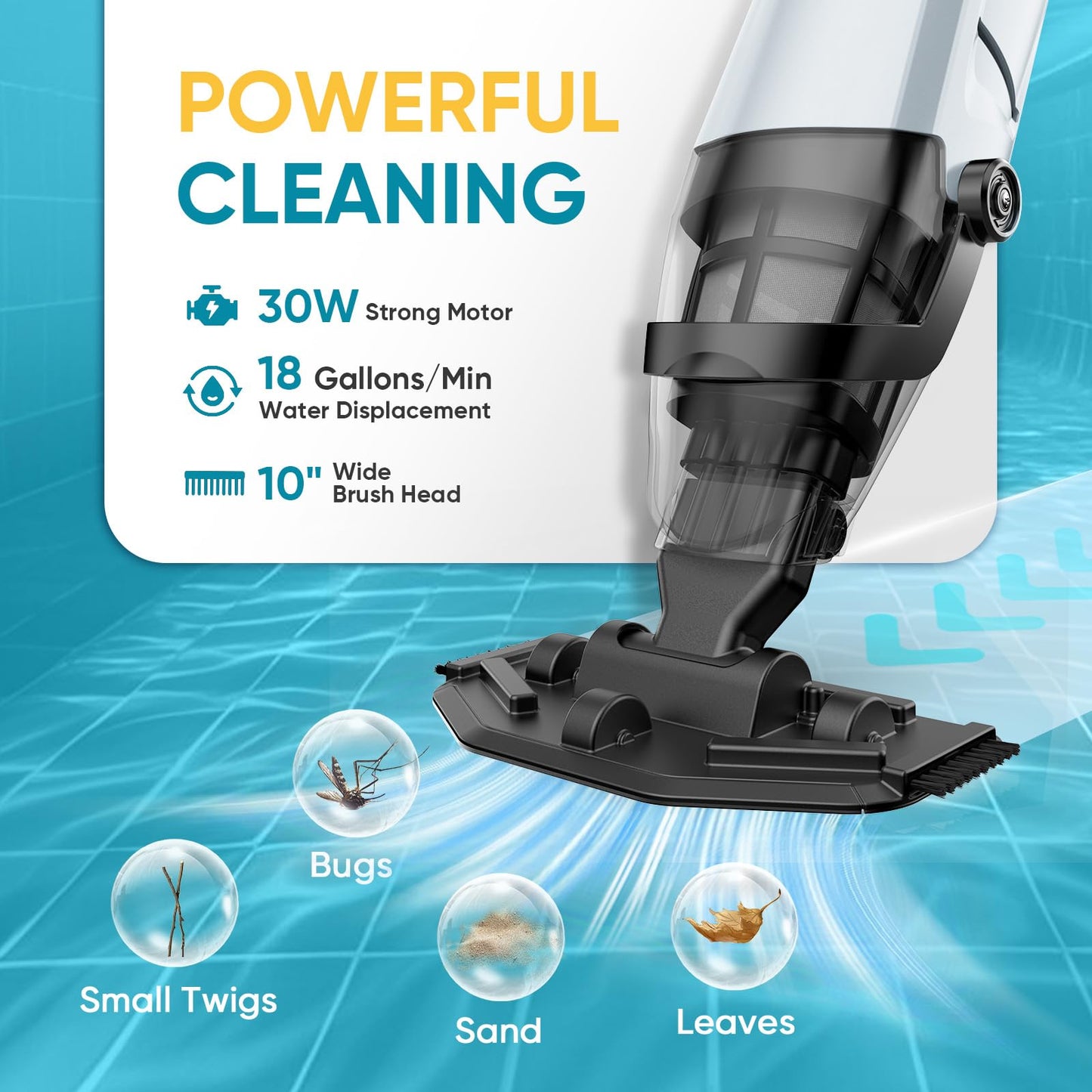 Cordless Pool Vacuum for Above Ground and Inground Pools, 18 GPM Powerful Suction Handheld Rechargeable Pool Cleaner with Versatile 4-Section Pole, 1H Runtime, Ideal for Leaves, Sand and Debris