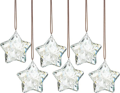 H&D Hyaline & Dora Crystal Glass Christmas Ornaments - Set of 6 Clear Faceted Stars for Holiday Decor
