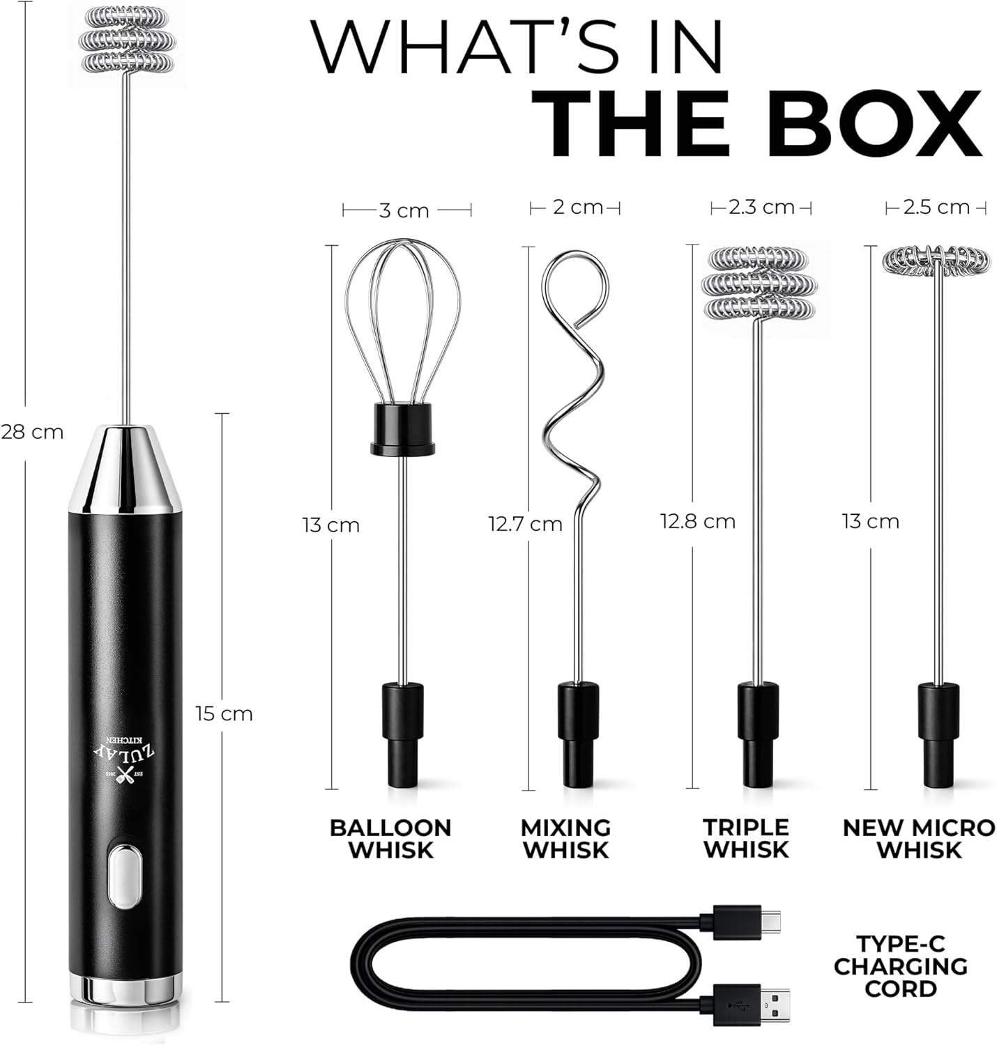 Zulay Kitchen Rechargeable Milk Frother - Handheld Electric Mixer with 3 Whisk Attachments | USB-C Charging, Lasts 6 Months