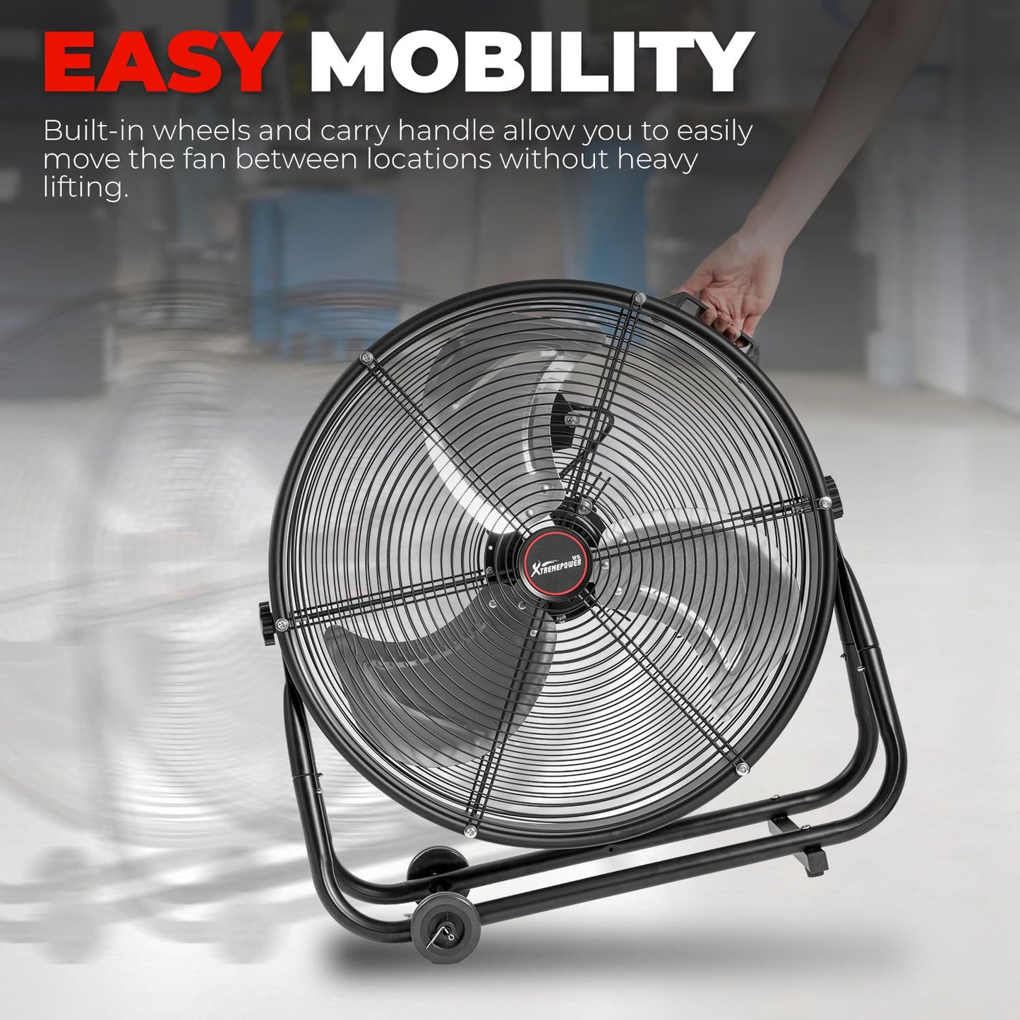 XtremepowerUS 24" Industrial Shop Fan High-Velocity Flow Drum Fan Floor Fan Rolling Drum Garage Tilt 3 Adjustable Speed Commercial, Gym, Garage Use, Black