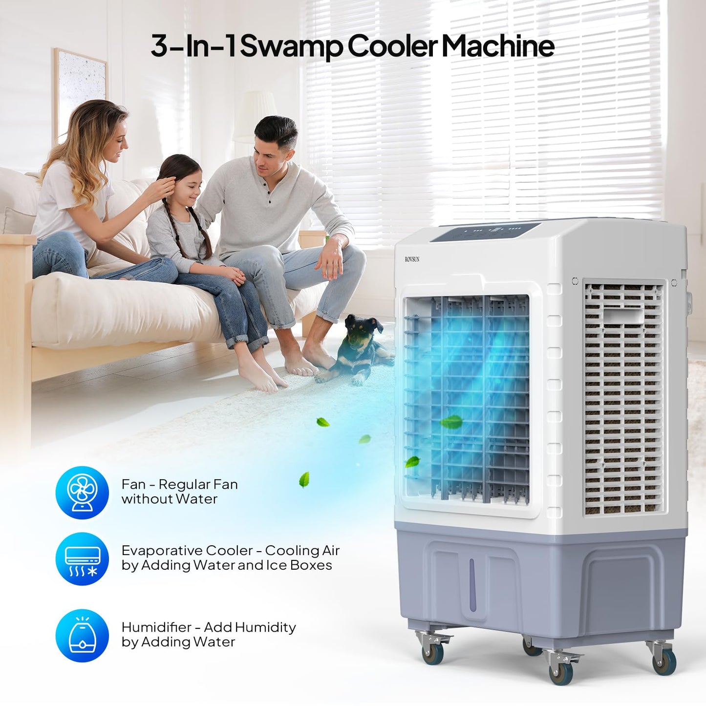 ROVSUN 10.5Gal Portable Swamp Cooler, 2600CFM Evaporative Air Cooler with Auto Oscillating, Remote, 3 Speeds, 7.5H Timer & 4 Ice Packs, 3-IN-1 Humidifying Cooling Fan Indooor Outdoor Patio Garage