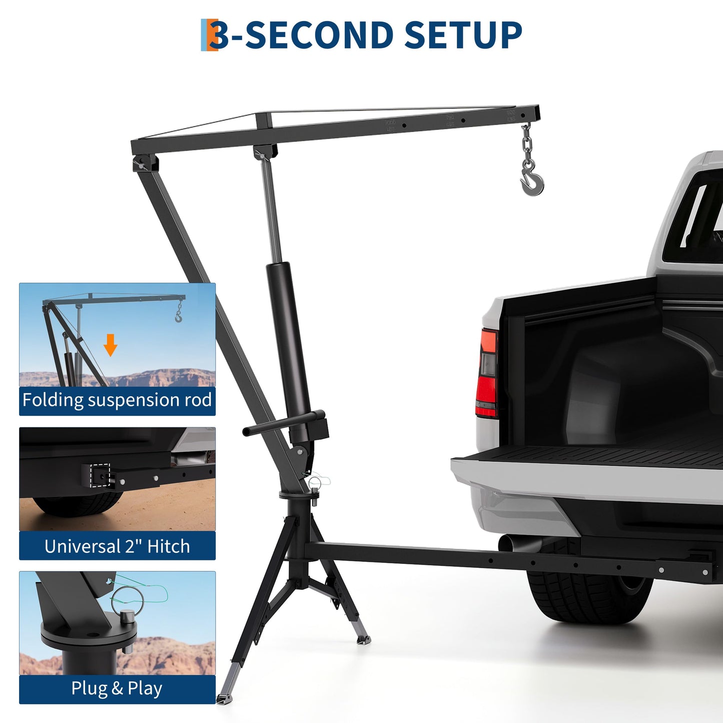 GarveeTech Heavy Duty 1000 Lbs Truck Crane, Hydraulic Hitch Mounted Hoist with 360 Degree Swivel Boom, Adjustable 3-Position Load Capacity for Farm, Construction & Engine Lifting