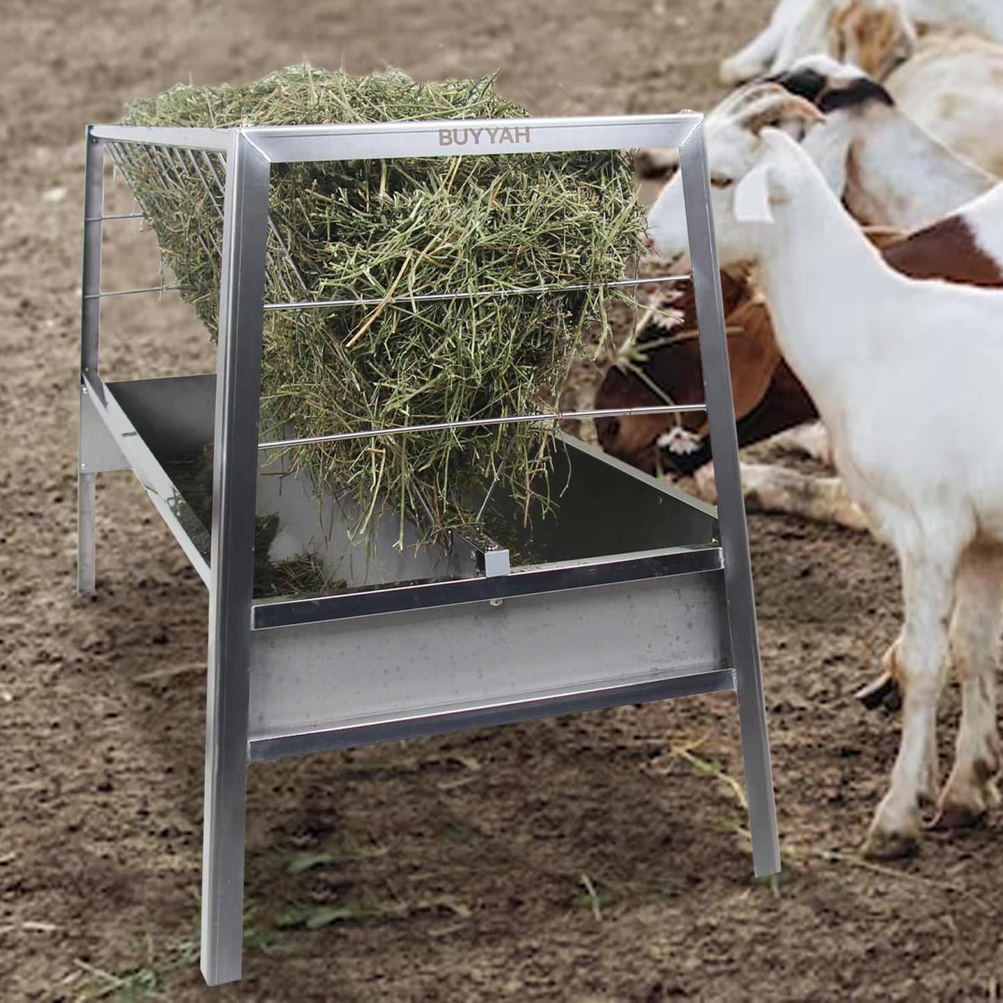 BUYYAH Stainless Steel Pasture Feeder, 5-Feet, 77 Gallon Capacity Livestock Feeder with Deeper Feeding Pan, Easy to Assemble and Carry, Feeding Goats, Sheep and Ponies, for Farms, Sheep Sheds