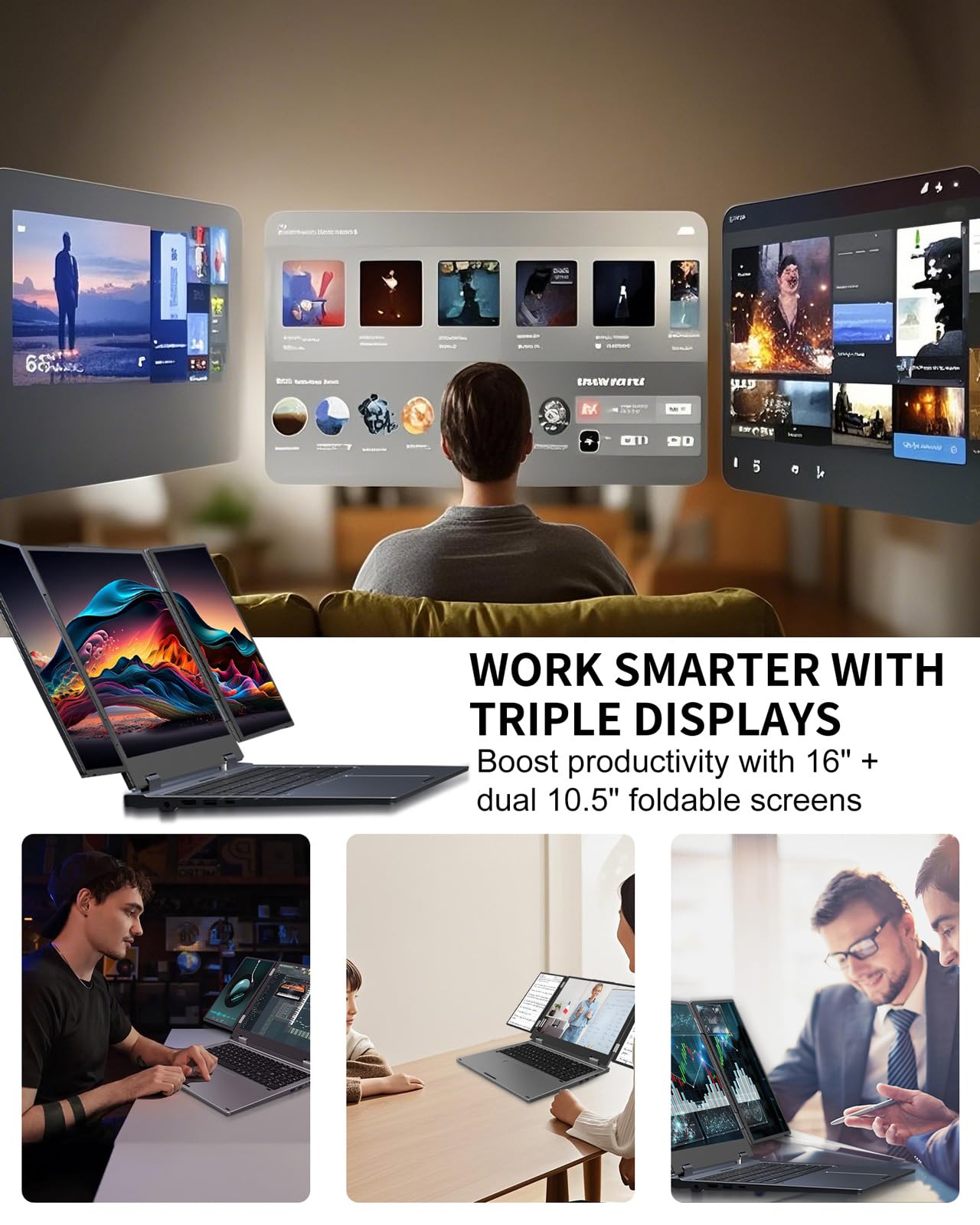 KOOFORWAY Triple Screen Laptop, 16" Main + Dual 10.5" Monitors, Core i7-12700H, 32GB RAM, 2TB SSD, Win 11 Pro, Wi-Fi 5, BT 5.0, Face & Fingerprint Unlock, USB-C, HDMI (16GB RAM + 1TB SSD)