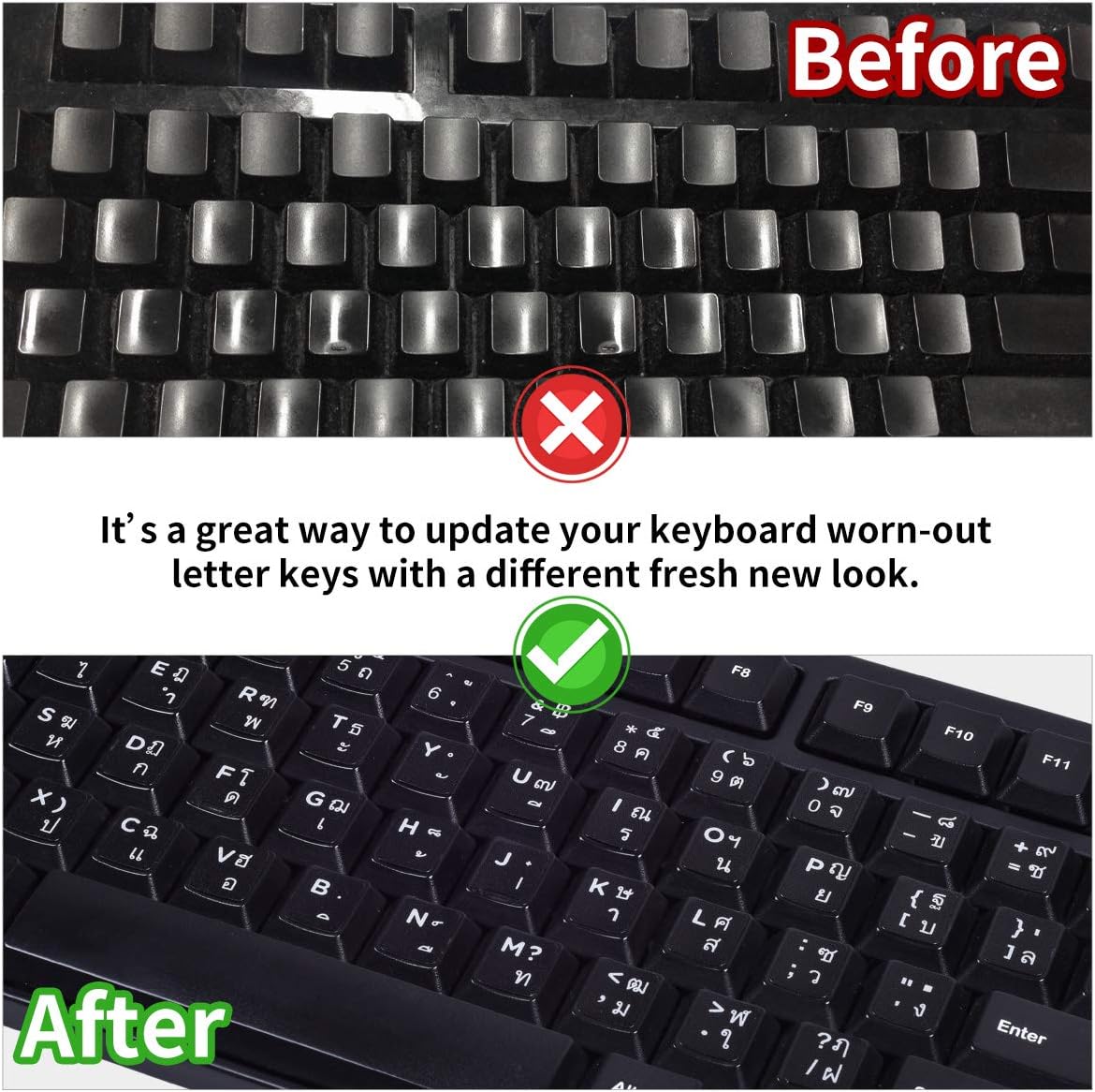 CaseBuy 2PCS Thai Keyboard Stickers, Thai-English Keyboard Letters Replacement Sticker White Font on Black Background