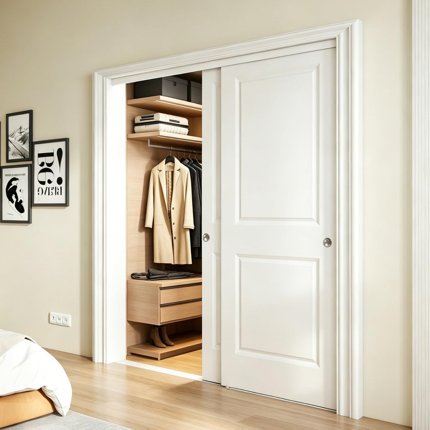 JUBEST 72x80 in Sliding Closet Door, Raised 2-Panel Square Top White Primed Hollow Core Door Slab with Hardware Kits & Matching Fascia, Pre-drilled & Paintable, Space-Saving for Bedroom Laundry