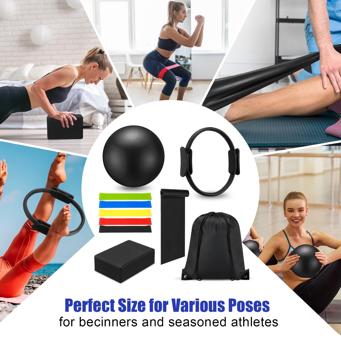 Silipull 10 Pcs Pilates Ring Blocks Set for Women Home Yoga Equipment Accessories Pilates Ring Circle and Ball Workouts Gift Include Ball Yoga Circle Resistance Bands Block Straps Gym Bag(Black)