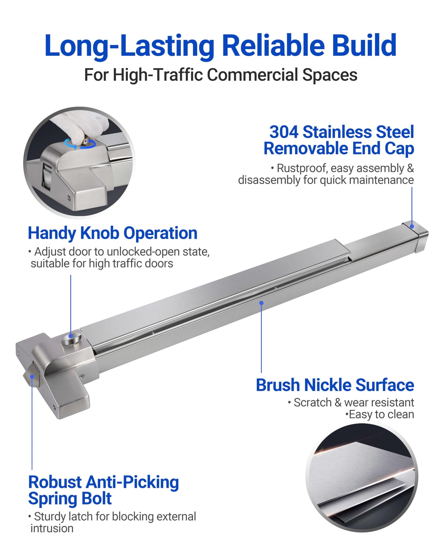 31" Commercial Push Bar Panic Exit Device -All 304 Stainless Steel Panic Bars for Exit Doors with Exterior Lever (6 Keys)- Emergency Exit Panic Door Hardware for 31"-48" Wooden/Metal Doors-HM-750A