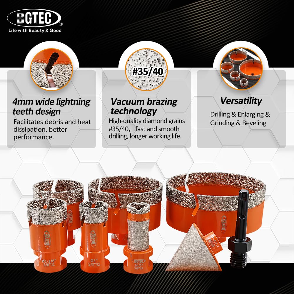 BGTEC Diamond Hole Saw Kit - 8PCS 25/35/50/75/100mm Core Bit + 20mm Finger Bit + 50mm Chamfer Bit + SDS Adapter for Porcelain Tile, Ceramic, Marble, Granite
