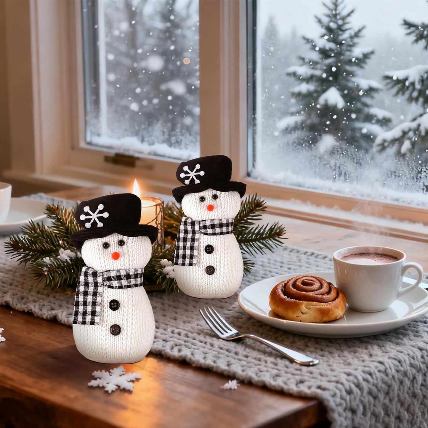 SmoothNovelty Snowman Plush Toys - 6'' Winter Figurines with Checkered Scarf | Holiday Table Decor
