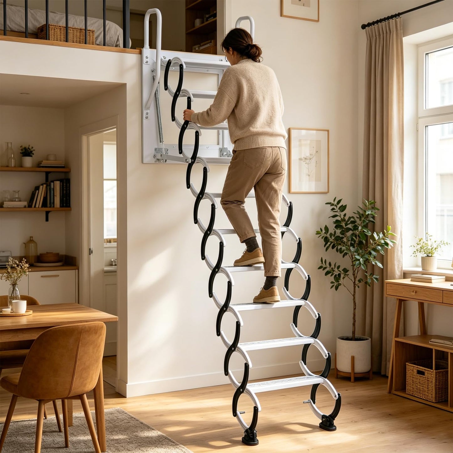 Wall-Mounted Attic Stairs, Attic Ladder Pull Down System, 12 Steps Retractable Loft Ladder, Folding Extension Attic Staircase for Garages Attics Telescoping Ladder, Roof (Black-White, 12 Steps)