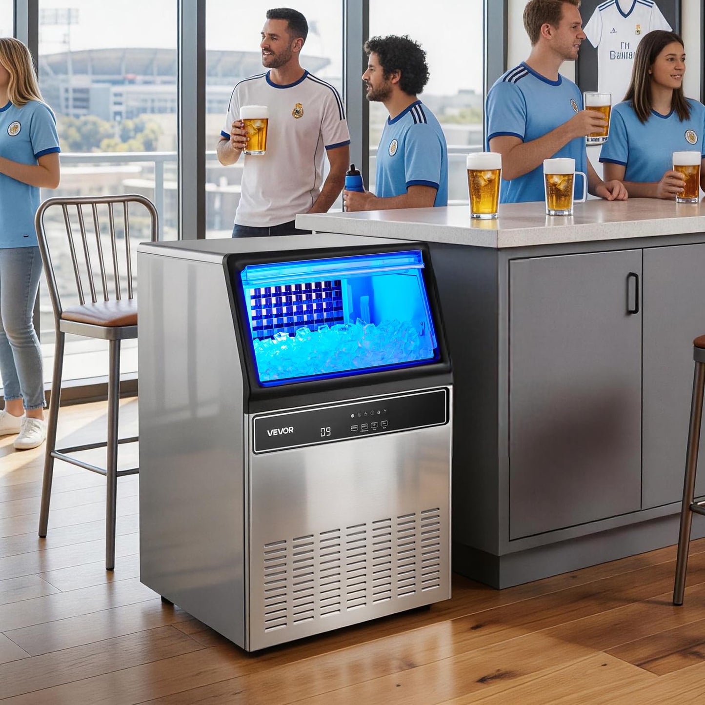 VEVOR Commercial Ice Maker Machine, 120 lbs/24H Ice Production, 33 lbs Storage Bin, 45 Cubes per Cycle, Stainless Steel Under Counter & Freestanding Ice Maker with LED Display, for Home Bar Restaurant