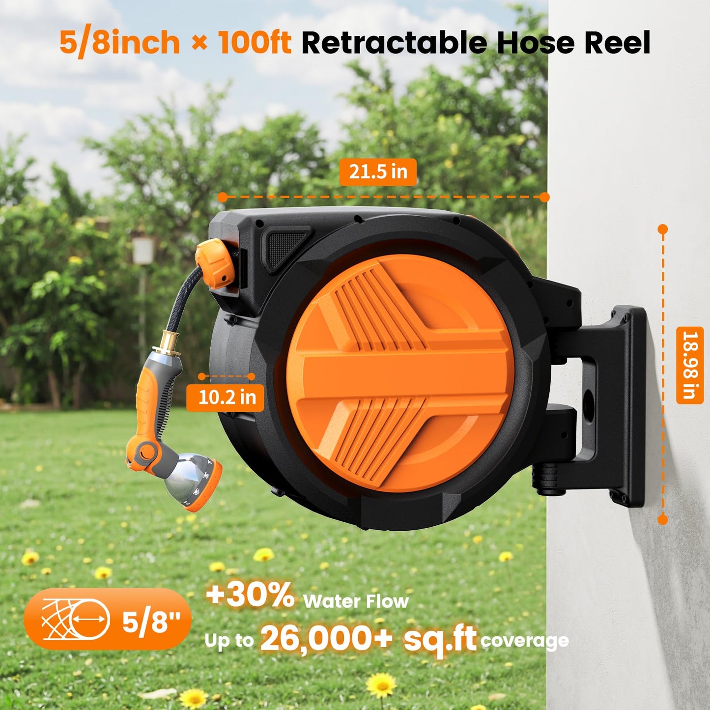 Retractable Garden Hose Reel 5/8” x 100ft, Auto Rewind Hose Reels for Outside, Heavy-Duty Wall-Mounted Outdoor Hose, 10-Mode Nozzle, Adjustable Length, 180° Rotation for Watering, Car Washing