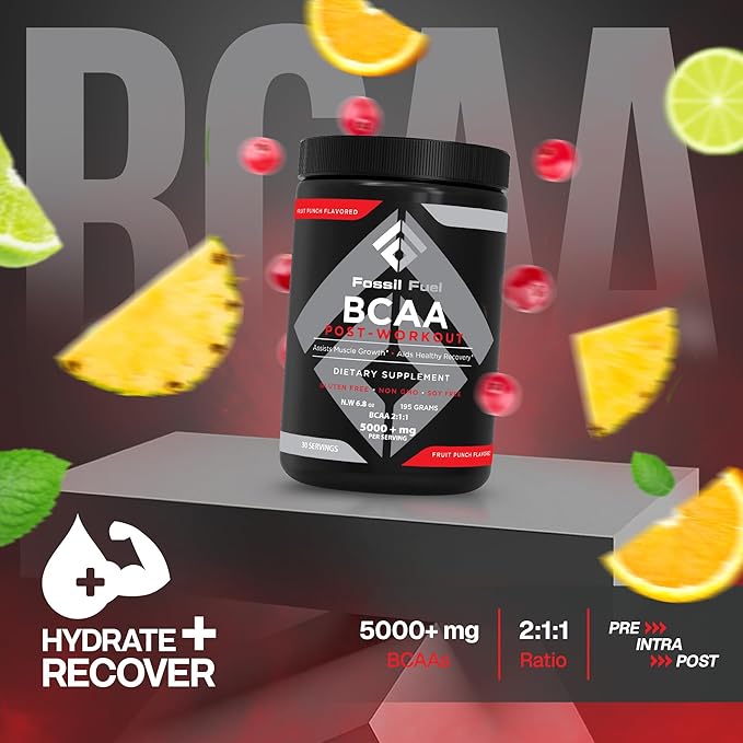 Fossil Fuel BCAA Sugar-Free Post-Workout Powder with BCAA?™s, Glutamine, Vitamin B6 Essential Amino Acids for After Workout Muscle Recovery, Endurance and Hydration Fruit Punch (30 Servings)
