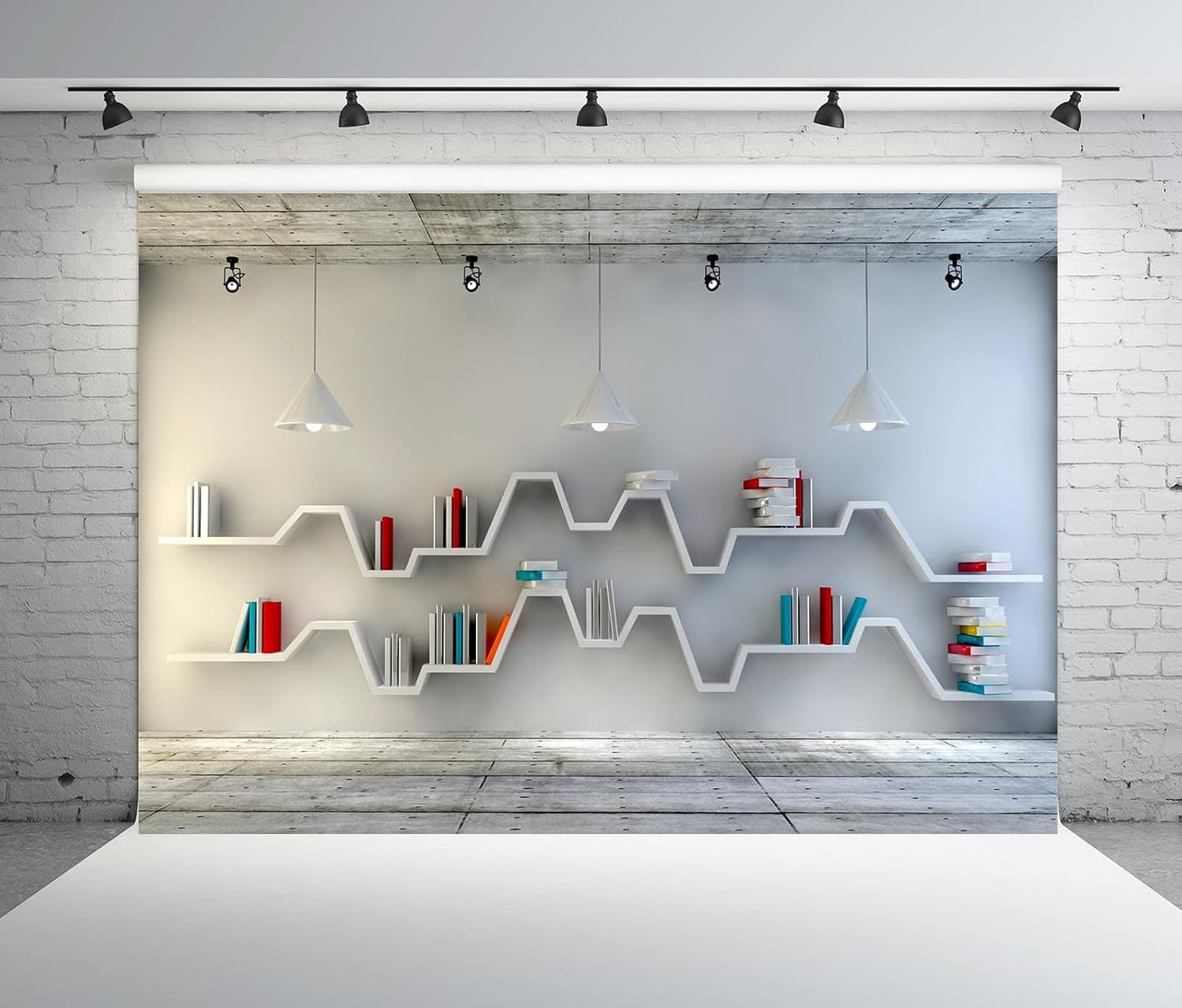 BELECO 8x6ft Fabric Living Room Backdrop for Video Conference, Modern Bookshelf with Books, Wooden Floor, Empty Room