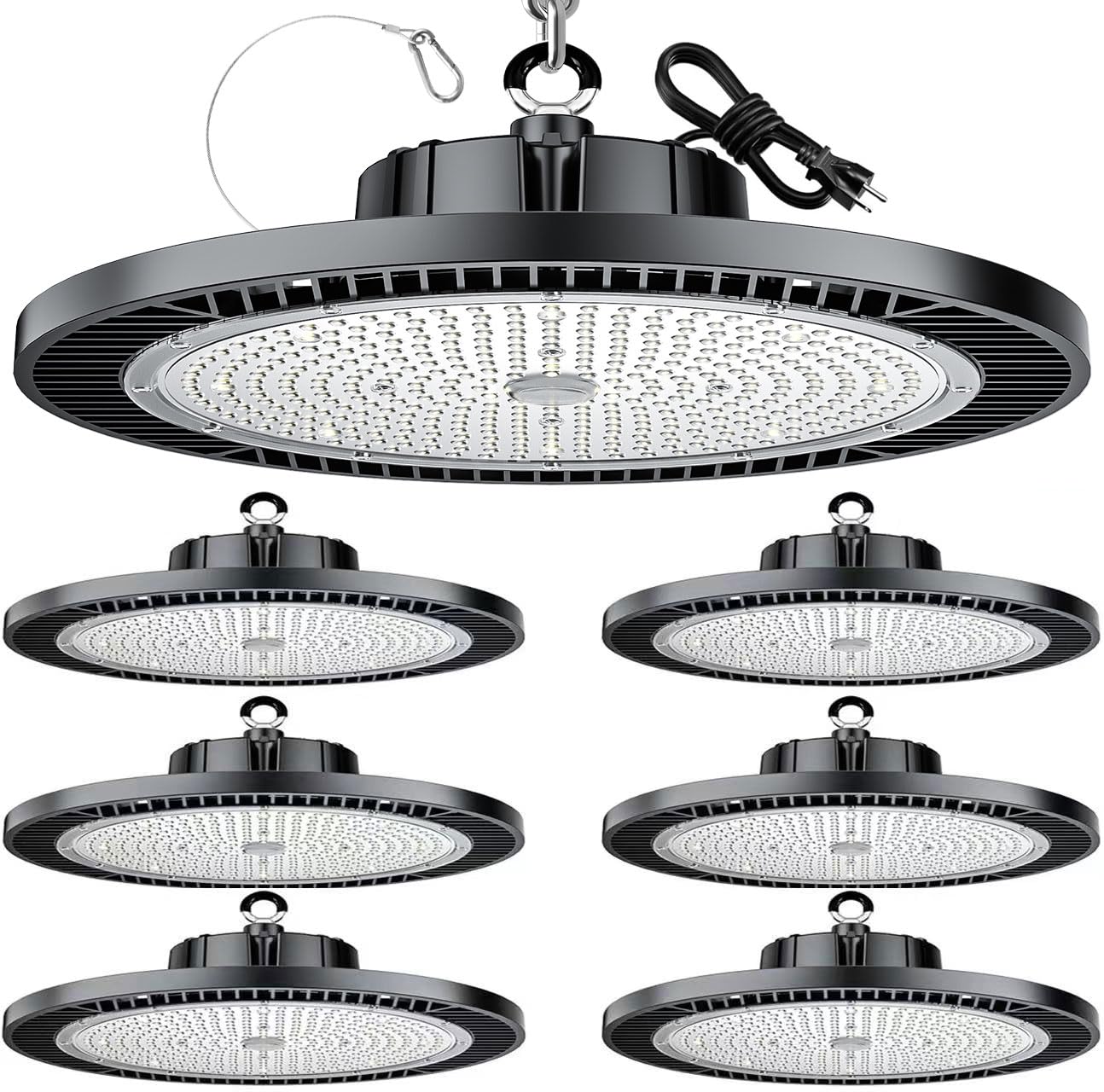 THELUX 6Pack Super Bright 200W LED High Bay Light with 30000lm 5000K,100V-277V,5000K with US Plug, 5Cable High Bay Led Shop Lights for Warehouse Workshop Factory Gym Garage with FCC certificated