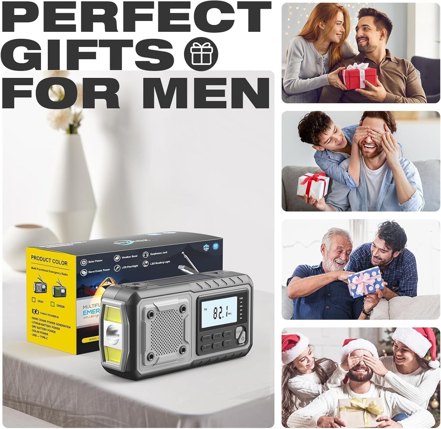 SIYEGK 5000mAh Emergency Weather Radio with Solar Hand Crank, Men Dad Husband Cool Gadgets, NOAA AM FM Portable Battery