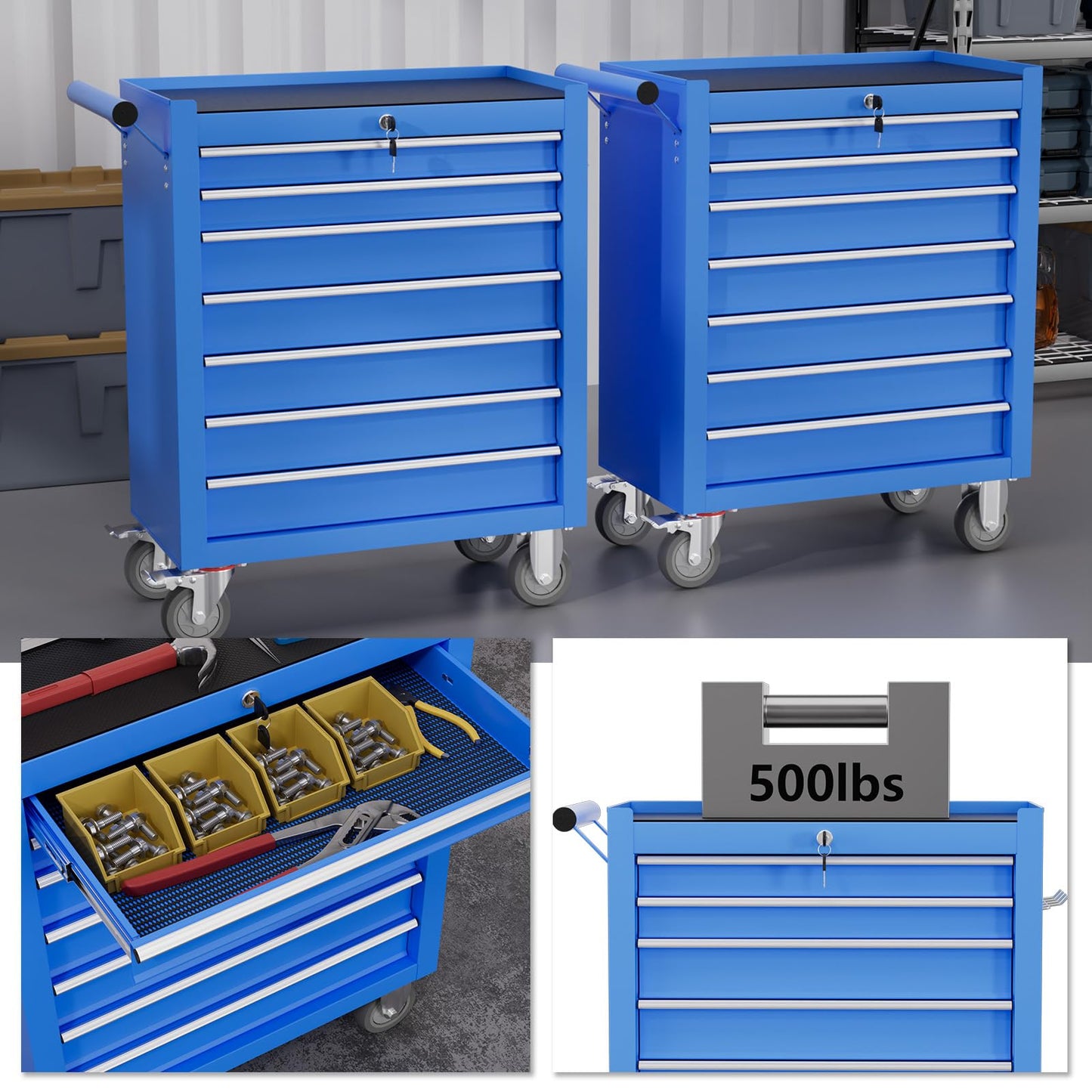 Gymplis 7-Drawer Tool Chest,Rolling Tool Cart with Wheels,High Capacity Tool Cabinet with Locking System for Garage, Warehouse, Workshop-Blue