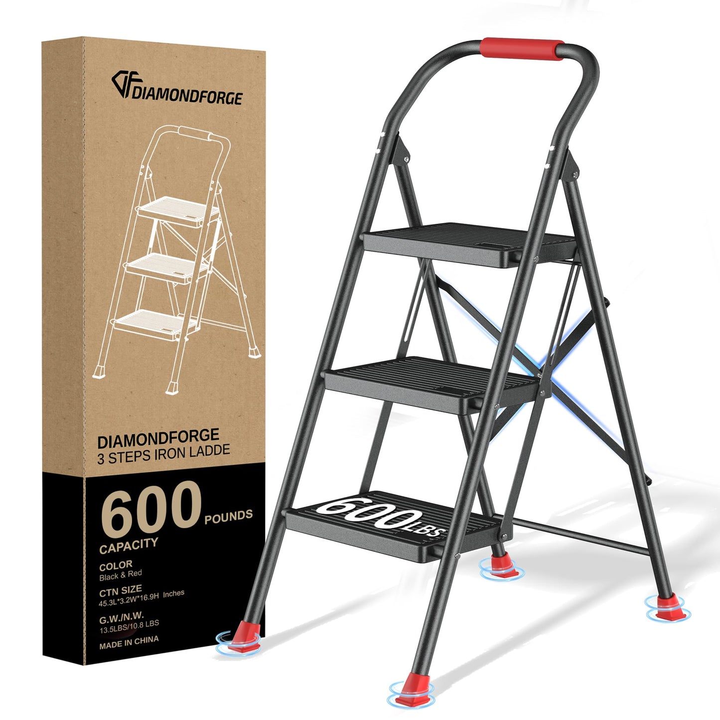 Step Ladder Foldable Folding Stool - for Home Adults Kitchen 3 Stepping Extension Tall Heavy Duty with Handrails - Closet Stepstool Stair Ladders Extendable Stepladder for Indoor House 600Lbs