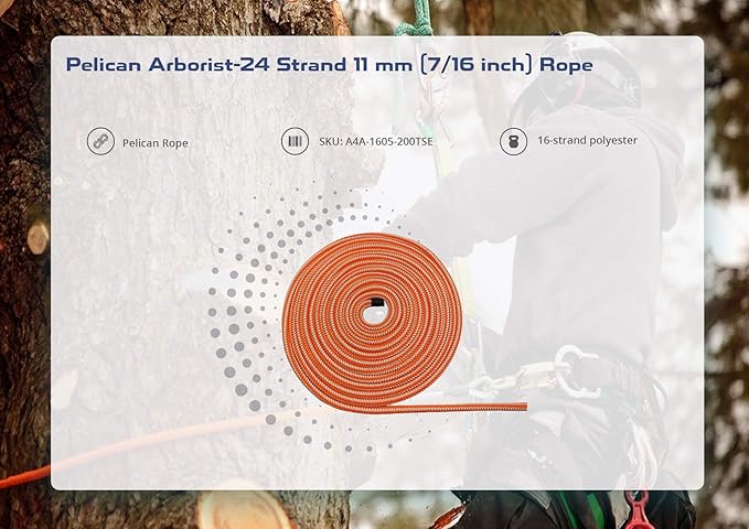 Pelican Rope 16-Strand 1/2 in (12.7 mm) Arborist-16™ Rope - 5400 lbs MBS - Static Climbing Rope - Rescue Operations - High Visibility - 120 ft - Tight Spliced Eye - Orange/White - Made in The USA