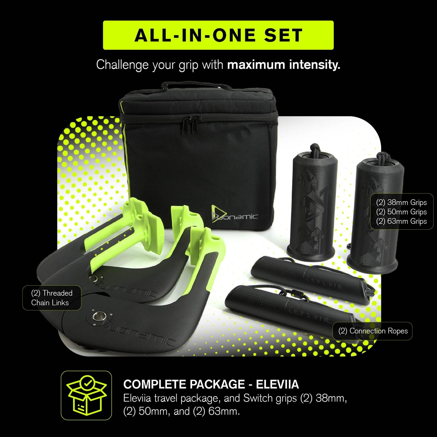 Duonamic Ultimate Switch Grips Package | Complete Grip Strength Training System with Eleviia Handles, Travel Bag & 3 Sizes of Switch Grips | Ideal for Pull-Up Bars, Cable Machines & Resistance Bands | Train Anywhere