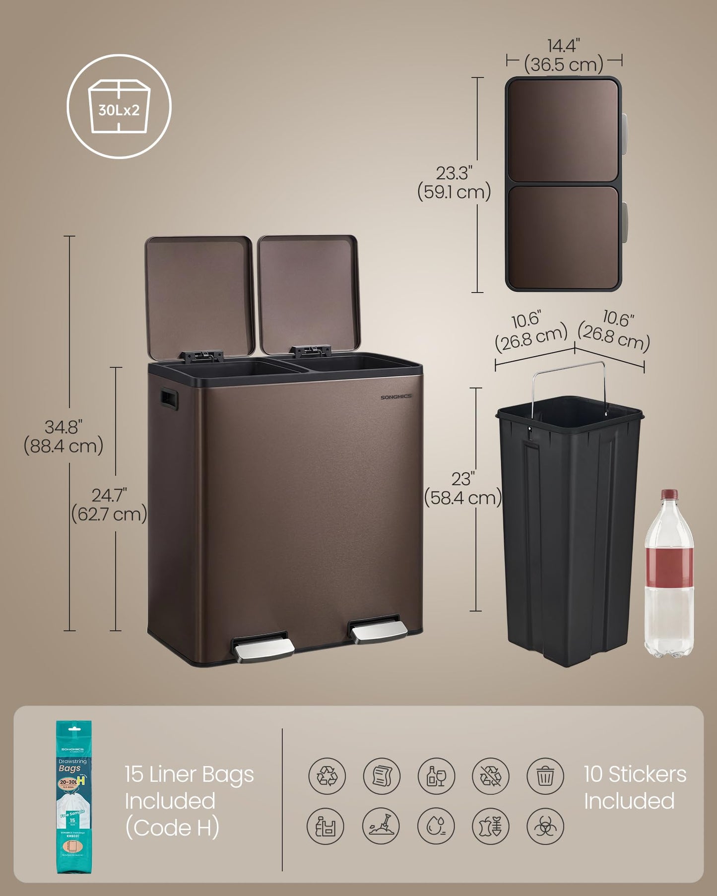 SONGMICS Trash Can, 2 x 8 Gallon (2 x 30 L) Double Compartment Garbage Can for Recycling, Stainless Steel, with 15 Liner Bags, Soft-Close Lids, Removable Buckets, Pedals, Brown ULTB160MZ01
