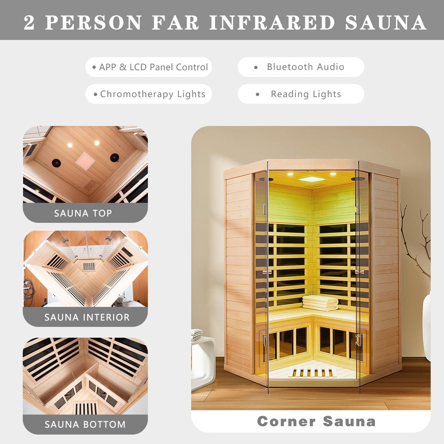 Smart Indoor Sauna 2-3 Person, 0-5mG Ultra Low Emf Far Infrared Sauna for Home, 1520w Hemlock Wooden Sauna Room with APP & LCD Control Panel, Bluetooth Speaker, Chromotherapy Lights, Thermal Cover