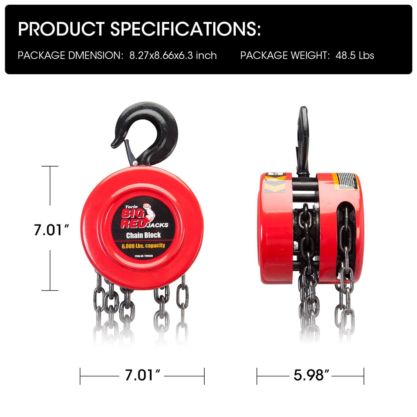 BIG RED TR9030 Torin Manual Hand Lift Steel Chain Block Hoist with 2 Hooks, 3 Ton (6,000 lb) Capacity, Red