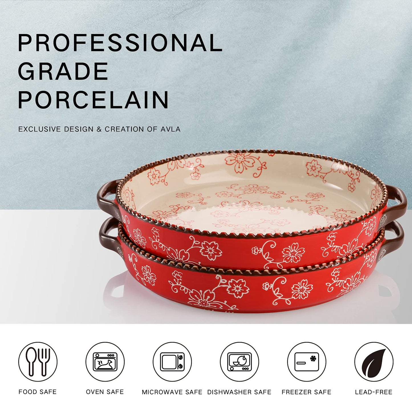 AVLA 2 Pack Ceramic Pie Pan, 9 Inch Round Baking Dish with Double Handle, 28 Ounce Deep Quiche Plate for Kitchen, Cooking, Roasting Lasagna (Sakura, Red)