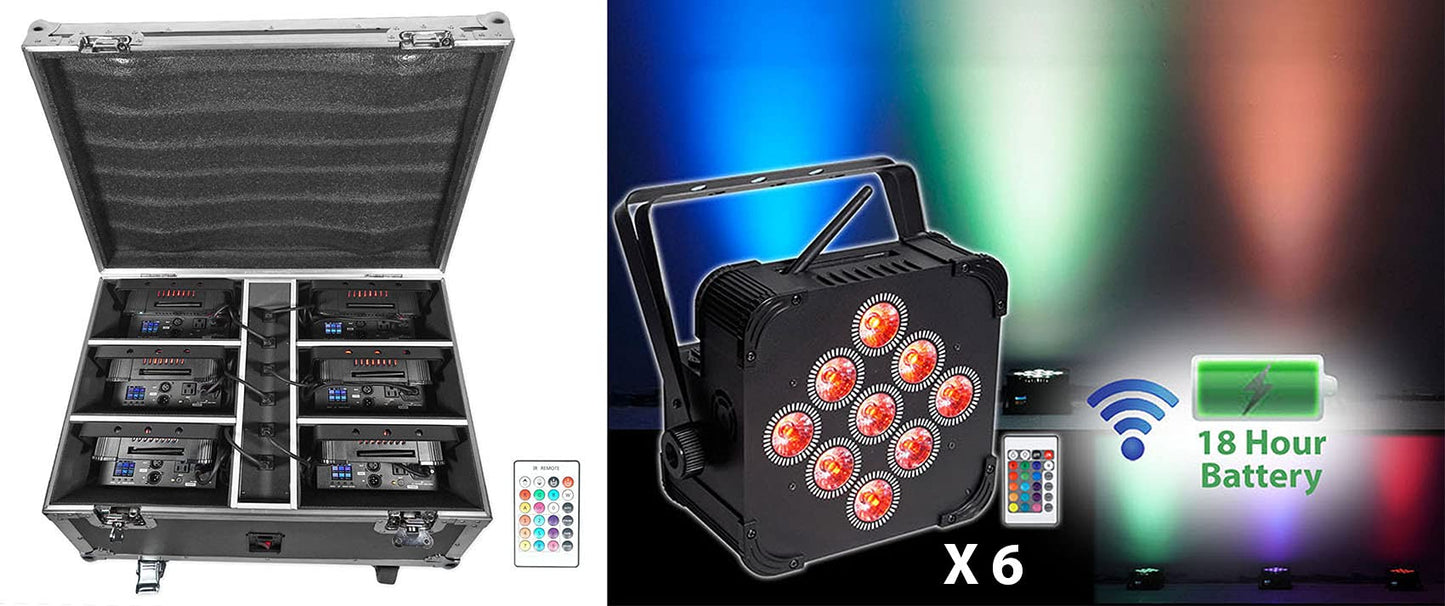 Rockville Best Pack 60 (6) Black 54W Battery Wash Lights, RGBWA+UV, Wireless DMX, Charging Case, Long-Life Battery, LCD Display, for DJs and Events