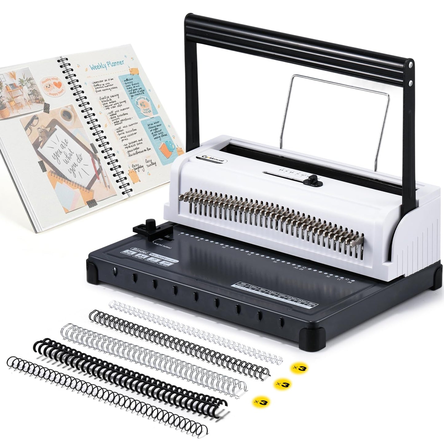 CGOLDENWALL Wire Binding Machine, Wire-O Binder, 3:1 Pitch 34 Holes, with 11 Coils Included, Punch 20 Sheets Bind 140 Sheets, Adjustable Pins Margins (Round Holes)