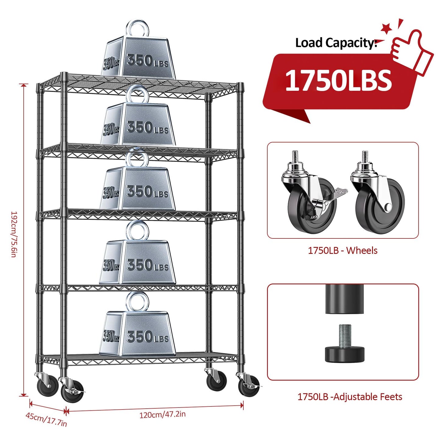 IZEUK 5-Tier Adjustable Heavy Duty Steel Wire Shelving Unit with Wheels, Storage Rack Organizer for Garage, Kitchen, Office, Laundry, Basement (Black, 17.7" D x 47.2" W x 76.7" H, 1750 lbs Capacity)